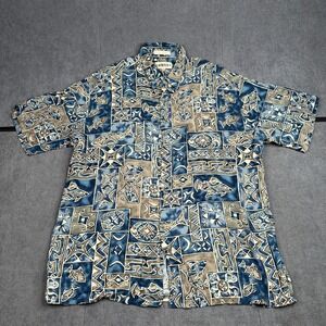 Campia Moda Mens‎ XL Blue Geometric Fish Print Rayon Short Sleeve Button Down